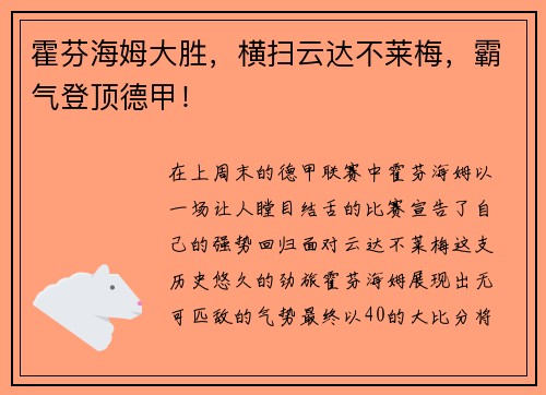 霍芬海姆大胜，横扫云达不莱梅，霸气登顶德甲！